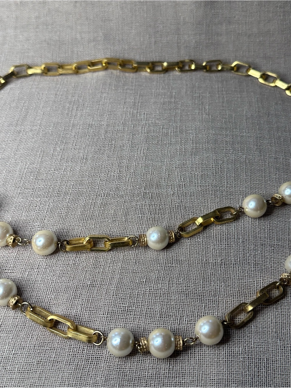 Vintage 80s Gold Chain Belt Faux Pearl Swag Link Boho Adjustable Necklace - Picture 6 of 10